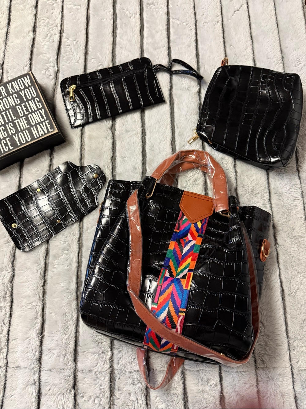 Black Croc-Embossed Tote Bag with Colorful Strap